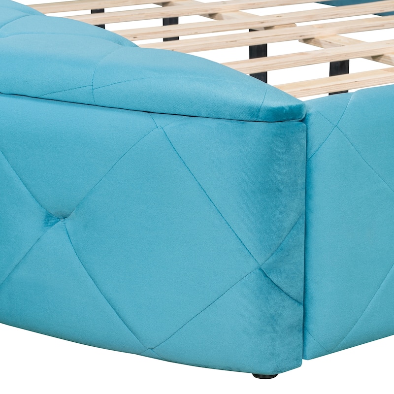 Low Profile Bed Queen Size Velvet Upholstered Platform Bed with Wingback Headboard, Big Drawer and 2 Semicircle Side Stools