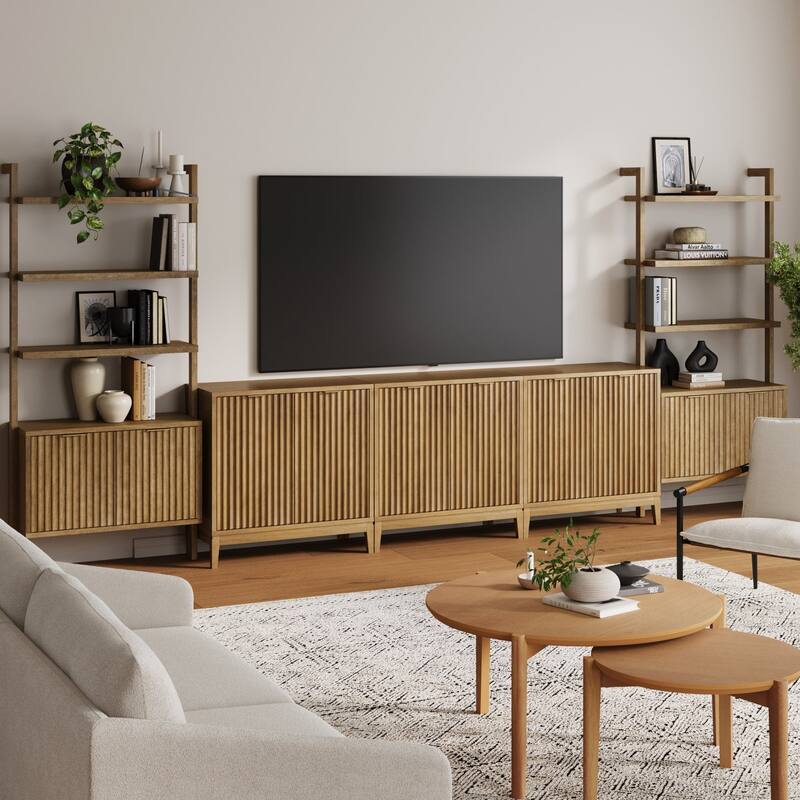 Jasper Mid Century Modern Solid Wood Entertainment Center or Wall Storage Unit with Fluted Doors