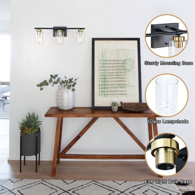 22.83 in. 3-Light Modern Wall Sconce Bathroom Vanity Light with Glass Shade