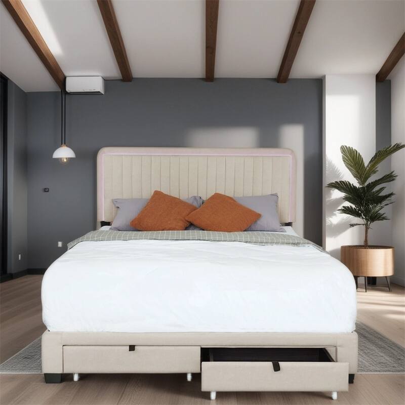 Queen Upholstered Platform Bed with Adjustable Headboard and Drawers