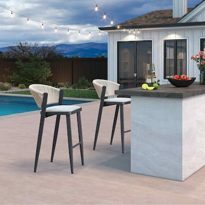 PURPLE LEAF Bar Stool Set of 2 Outdoor Rattan Bar Chair with Back Metal Bar Height Stool Wicker Barstool Dark Grey - N/A