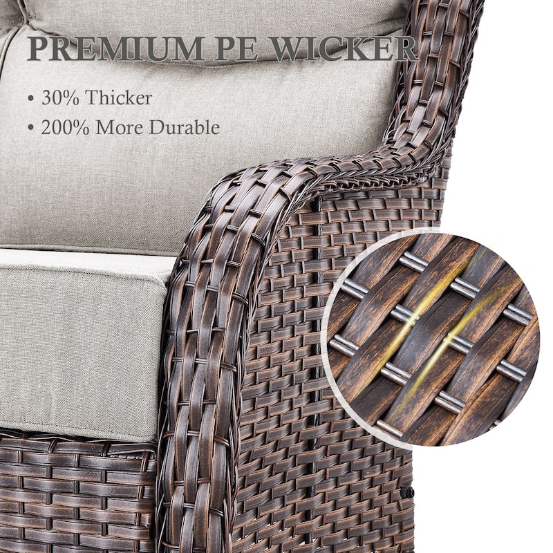 Arcadia 5-Piece Wicker Patio Set with 4 Swivel Glider Chairs and Square All-Iron Fire Pit