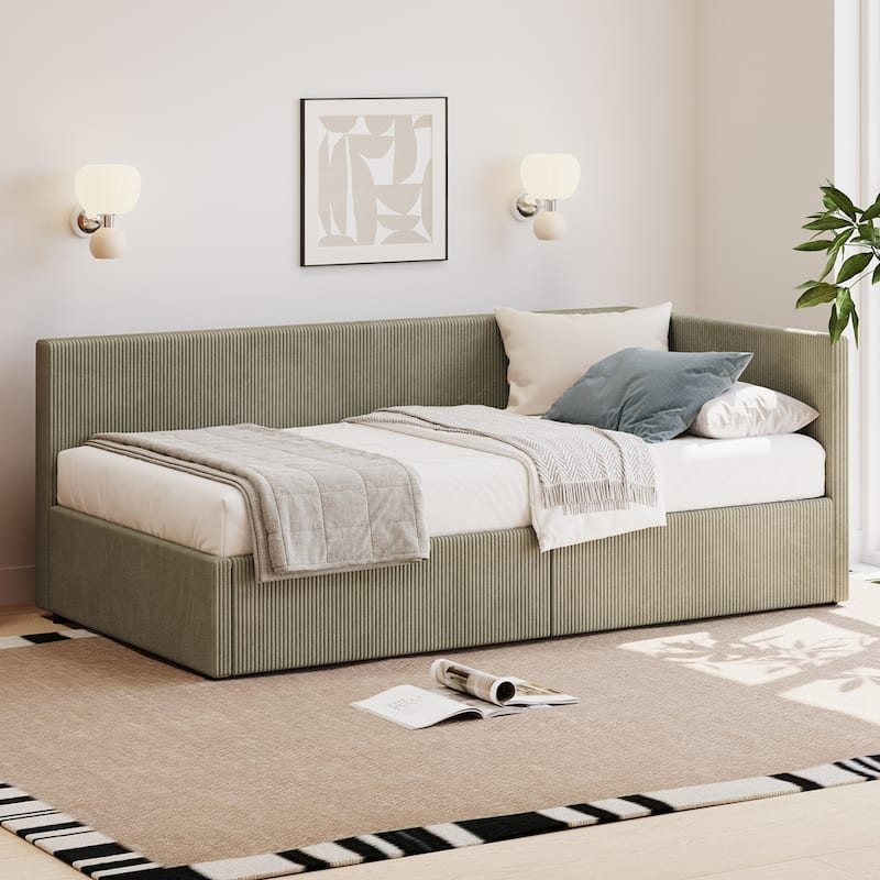 Corduroy Upholstered Daybed Twin Size L Shape Corner Bed