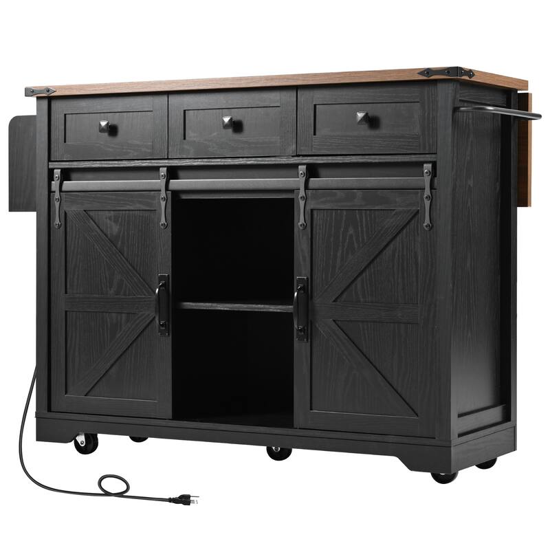 Anmytek Farmhouse Kitchen Island Cart with Drop Leaf and Power Outlets - Rolling Cart with Barn Doors and Metal Grid Side Door