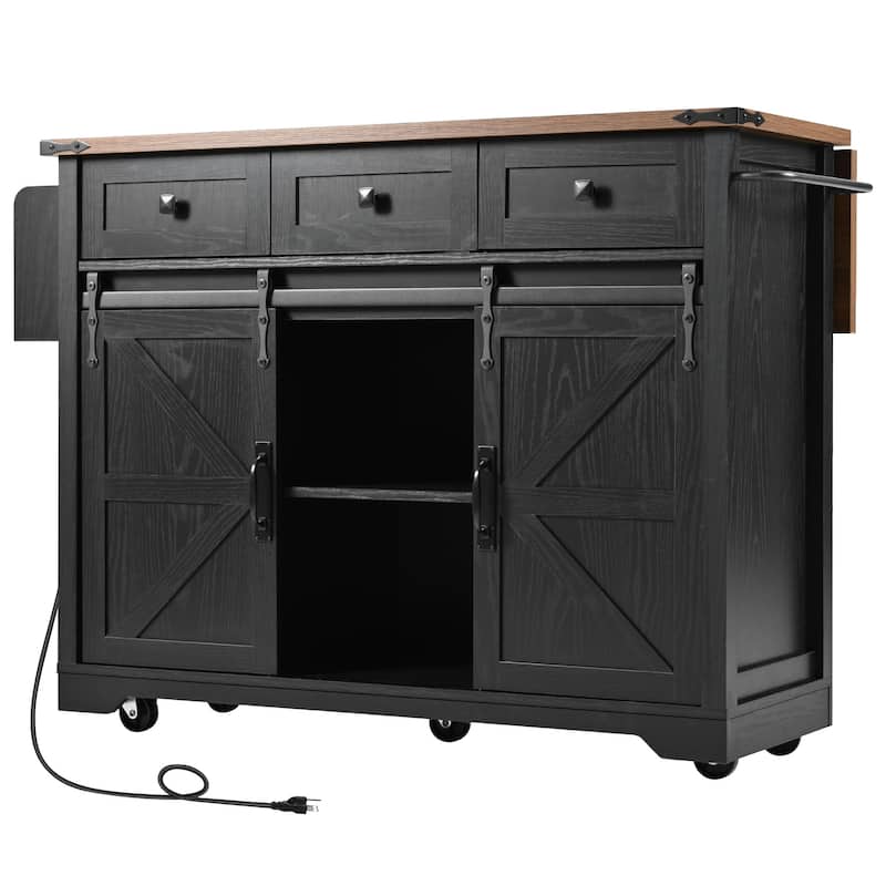 Kitchen Island Cart on Wheels with Power Outlet, Sliding Barn Doors Kitchen Island, Rolling Island Cart with Drop Leaf & Drawer
