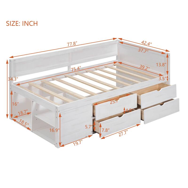 Twin/Full Size Daybed with 4 Storage Drawers and Shelves, Wooden Platform Bed Frame Corner Bed with L-Shaped Headboard and Slats