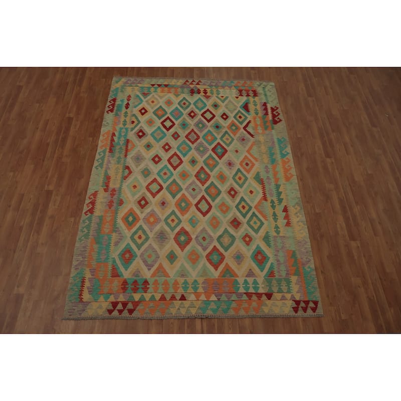 Hand Woven Oriental 100% Wool Carpet Southwestern Tribal Beige & Ivories Kilim Area Rug - 9' 7'' X 6' 9''