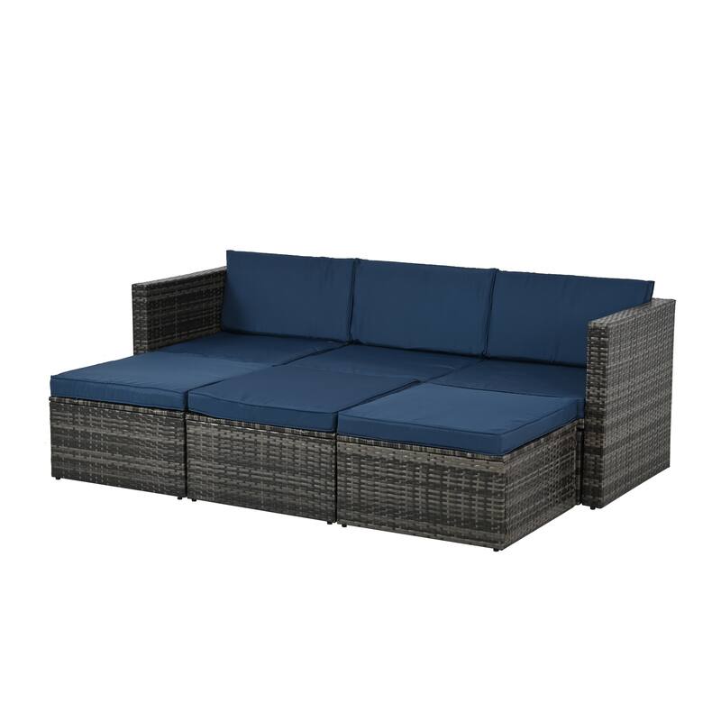 5 Piece Outdoor PE Wicker Sofa Set, Patio Conversation Furniture Set with Lift TOP Coffee Table and Lounger Sofa