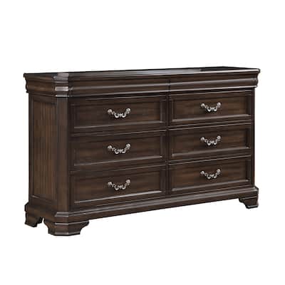 Lynda Dresser, 6 Drawers, Pewter, Dark Brown Solid Acacia Wood 68 Inch
