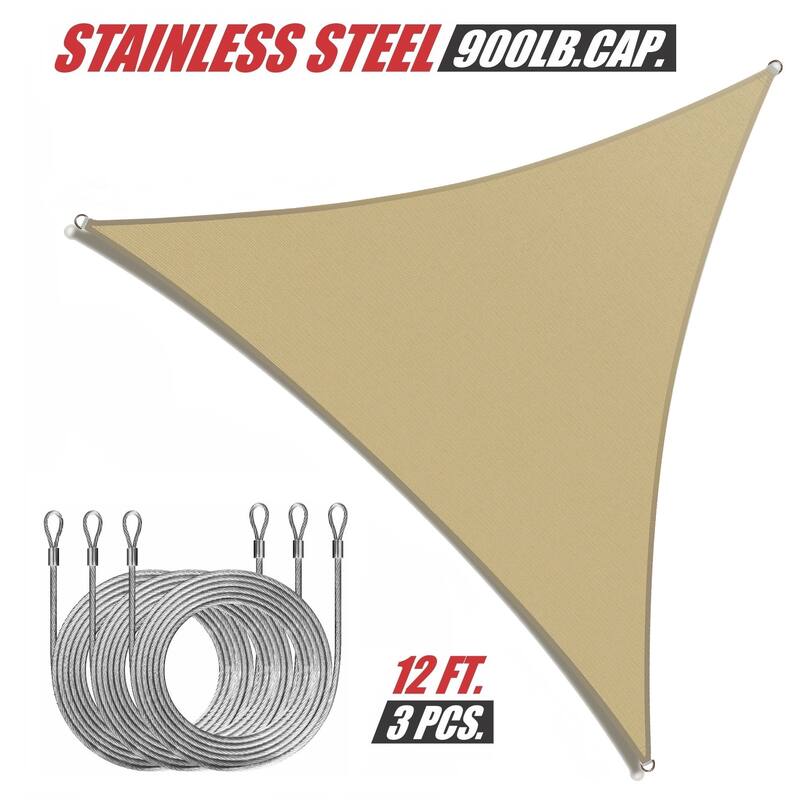 ColourTreeUSA Triangle Sun Shade Sail w/Cable Ropes HDPE Mesh Fabric Screen Canopy UV Block 190 GSM - 10' x 10' x 10' - Sand Beige