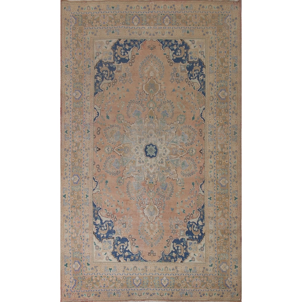 Distressed Mashad Persian Antique Area Rug Handmade Wool Carpet - 6'6" x 9'8"