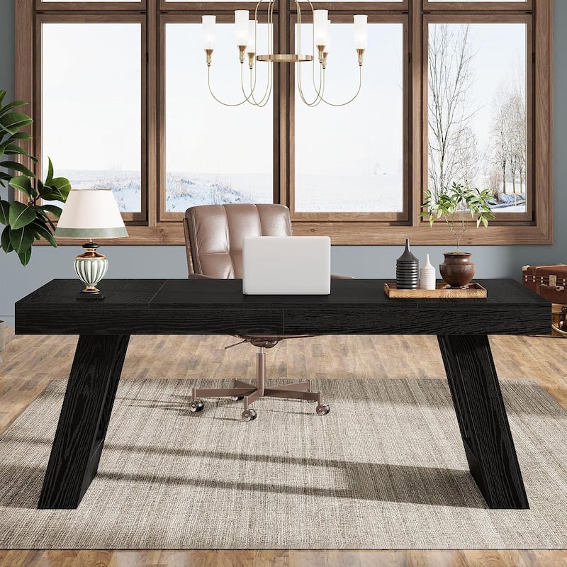 63 Inches Wood Executive Desk, Large Home Office Desk with Double Pedestal