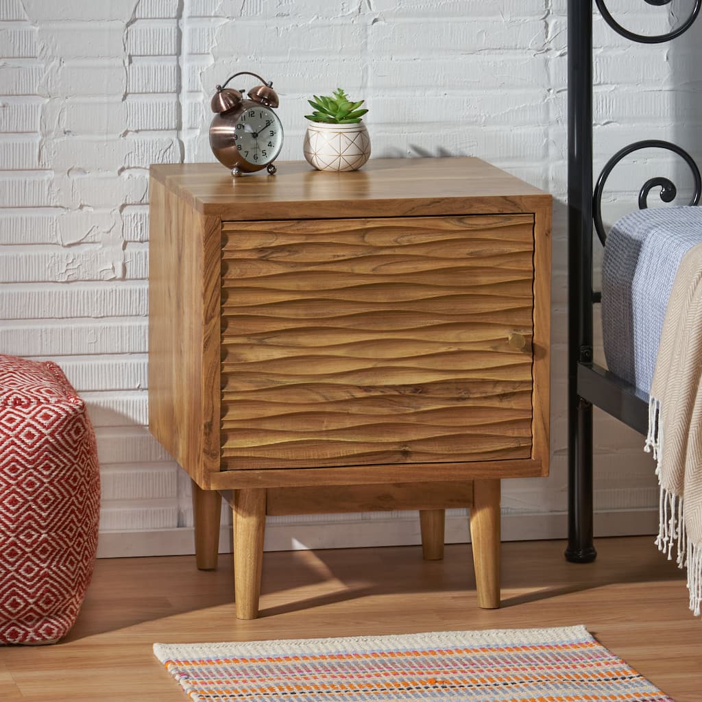 Boho Carved Acacia Wood Nightstand Side Cabinet Bedside Table, Natural