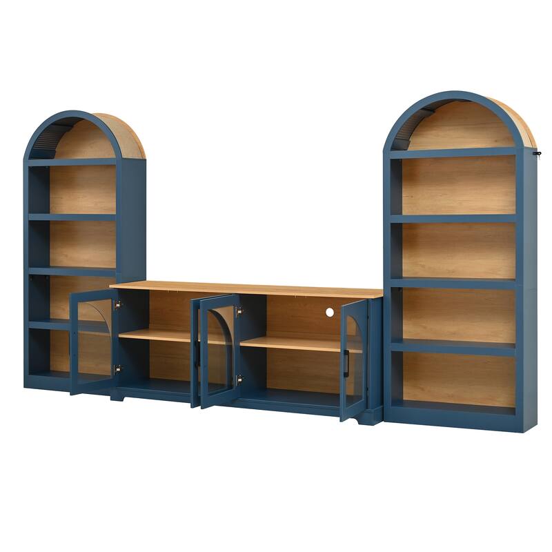 3-Piece Entertainment Center with Bookshelves for TVs up to 70", Retro Wall Unit TV Stand with Glass Doors, Media Console Table