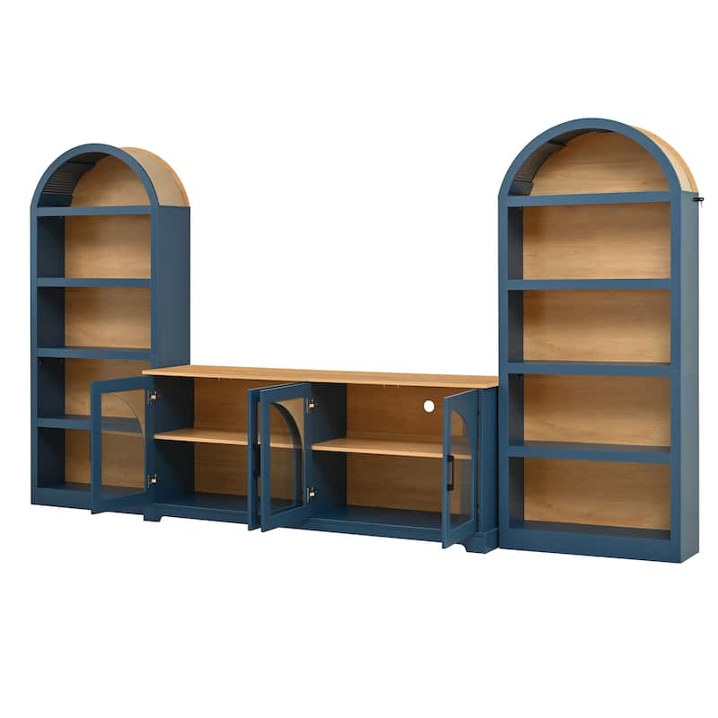 3-Piece TV Stand Set with Bookshelf for TVs Up to 70", Wood Grain Entertainment Center with Arched Design, Tempered Glass Doors
