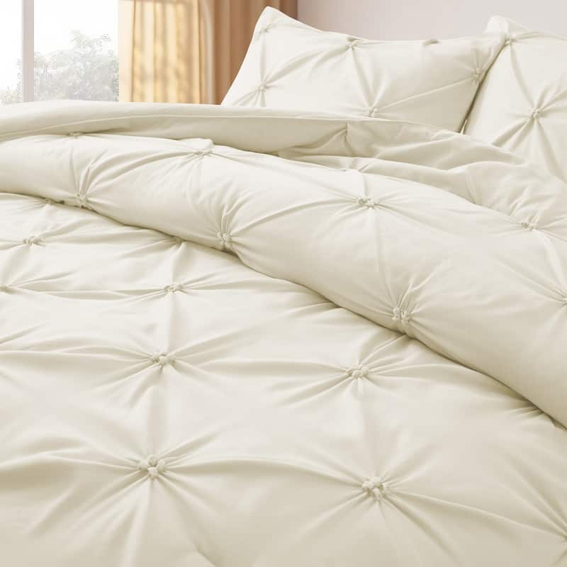 3 Piece Reversible Pintuck Pinch Pleat Comforter Set, Bedding Set for All Season
