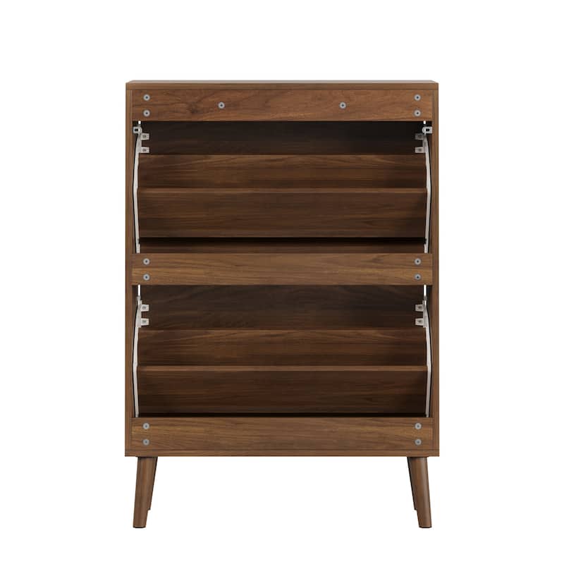 Medieval Modern Independent Shoe Cabinet, 23.62-inch Walnut Shoe Storage Cabinet,, Fence Shoe Cabinet with 2 Flip Drawers