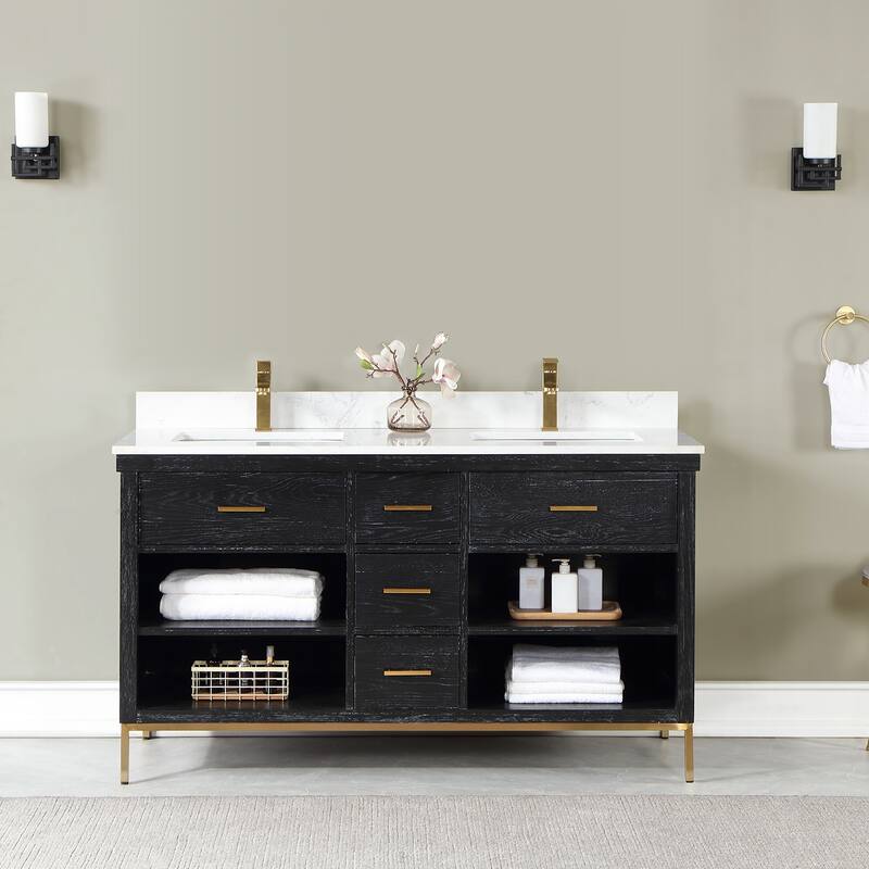 Altair Kesia Bathroom Vanity with White Composite Stone Top without Mirror - 60 inch. - Black Oak + Brushed Gold Hardware