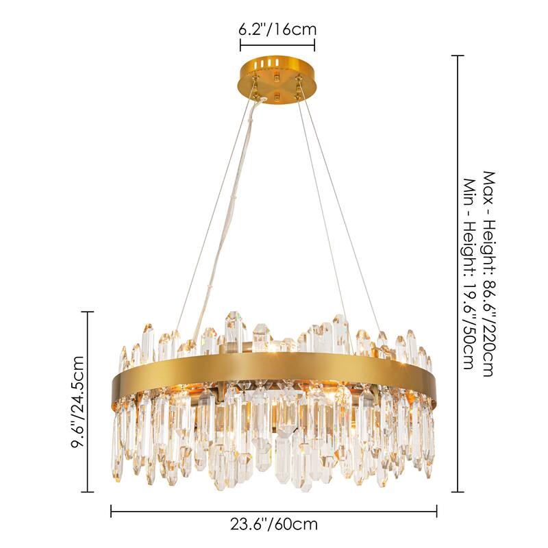23.6" 12-Light Modern Luxury Gold Dual-Tier Fixture with Crystal Ice Peak Rods, E12 Dimmable for Dining Room