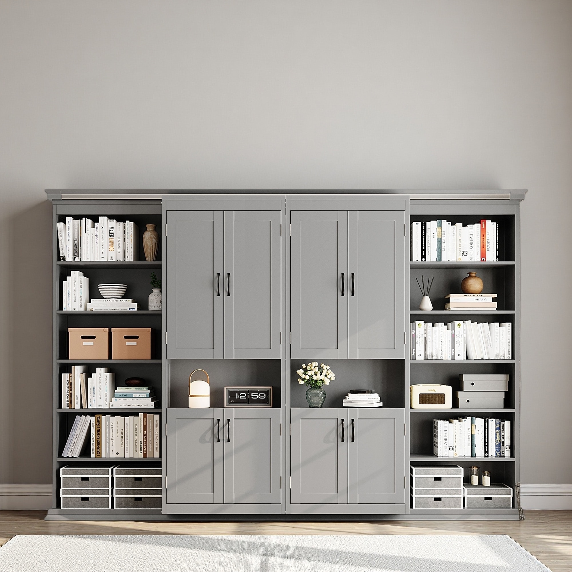 Full-Size MDF & Wood Murphy Bed with Dual Sliding Storage Cabinets, Hidden Wall Design, Dual 6-Tier Side Shelves