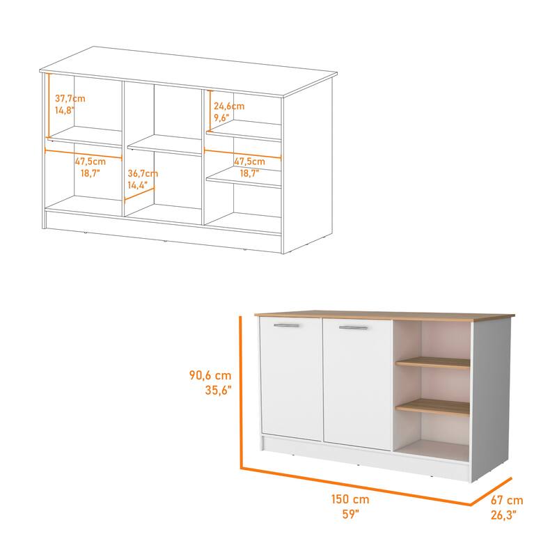 White and Ash 2-Door Kitchen Island with 3 Open Shelves