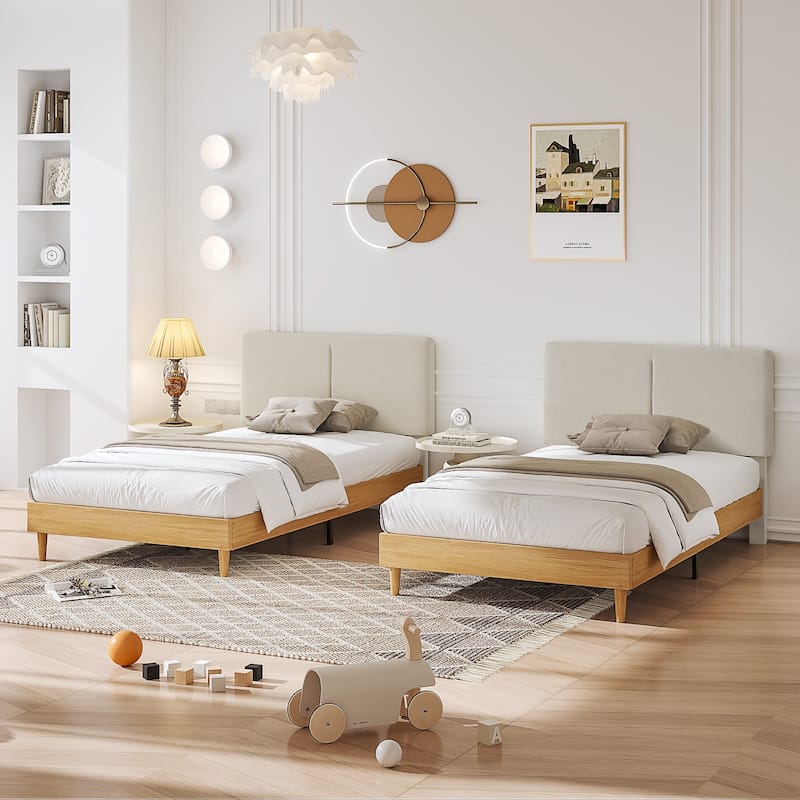 VECELO 2-pack Wood Frame Upholstered Kids Bed With Headboard Twin Size Bed Set of 2