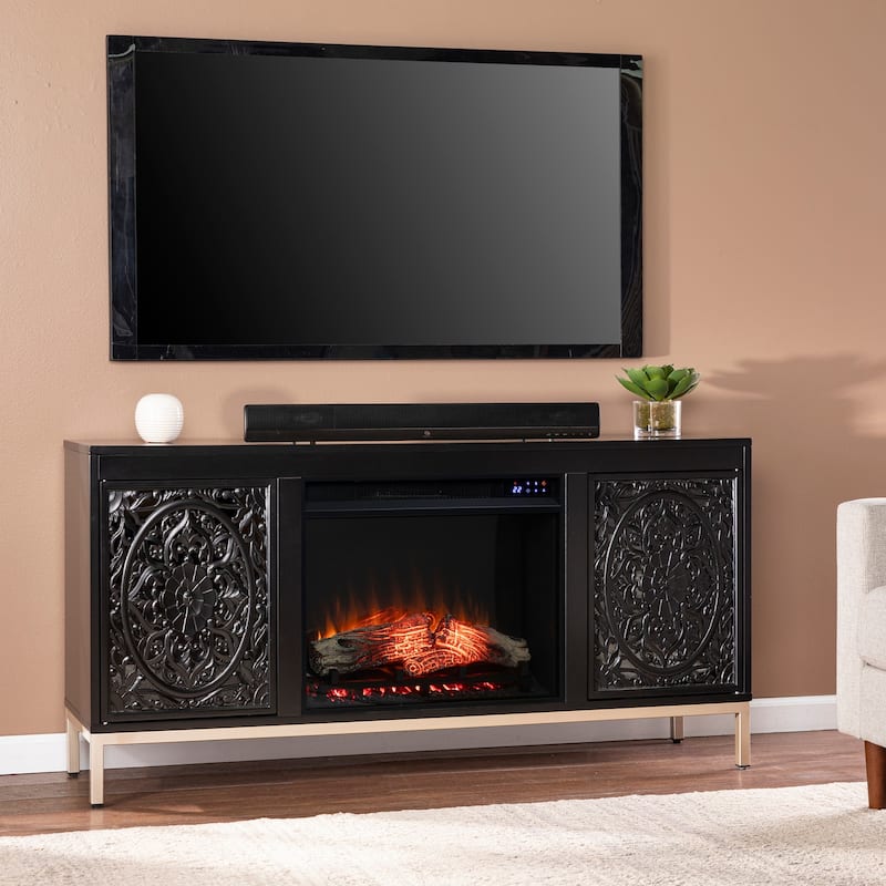 58 in. Freestanding Wood Smart Electric Fireplace TV Stand in Brown with led flame display feature
