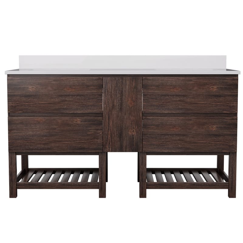 60-Inch Antique Style Solid Wood and MDF Double Sink Bathroom Vanity with Storage