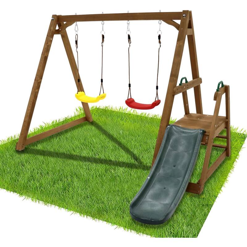 Wood Swing Set w/Slide,Wood Swing Set for Backyard, 2 in 1 Swing Set