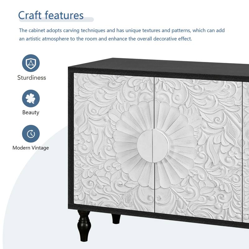 Carved Doors Storage Cabinet Buffet Sideboard Console Table, Black White