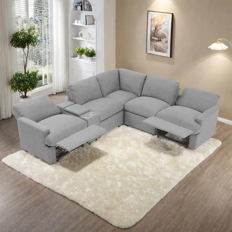 104" Linen Power Recliner Sectional 4-Seat Sofa with Storage, USB Ports and Cup Holders - Grey