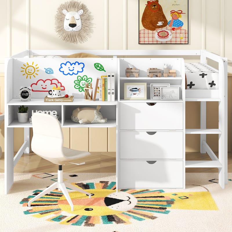Full Size Low Loft Bed with Built-in Desk,Storage Cabinets and Open Bookcase,Whiteboard for Graffiti - White