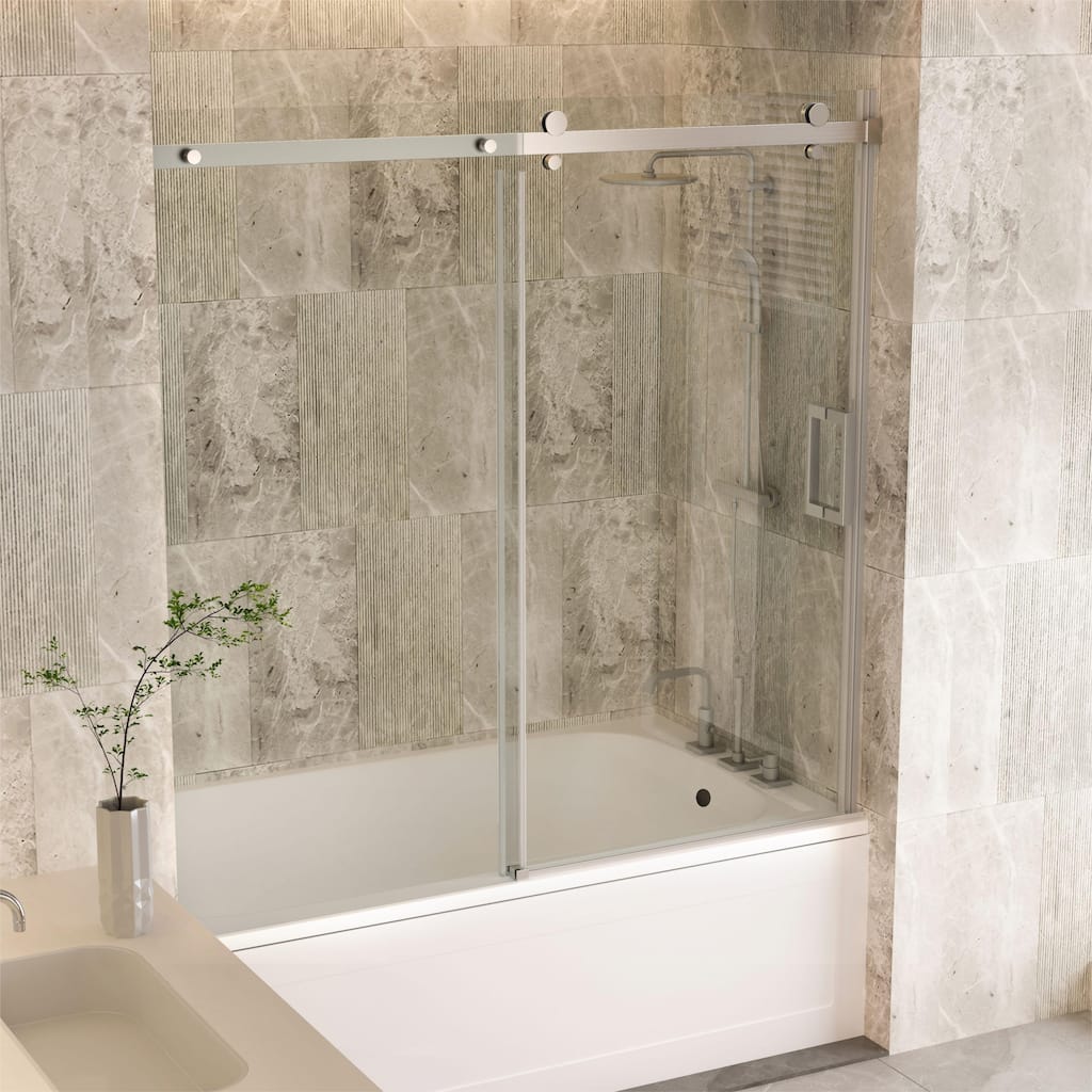 60''W Glass Frameless Shower Door, Shower Sliding Door in Black/Chrome