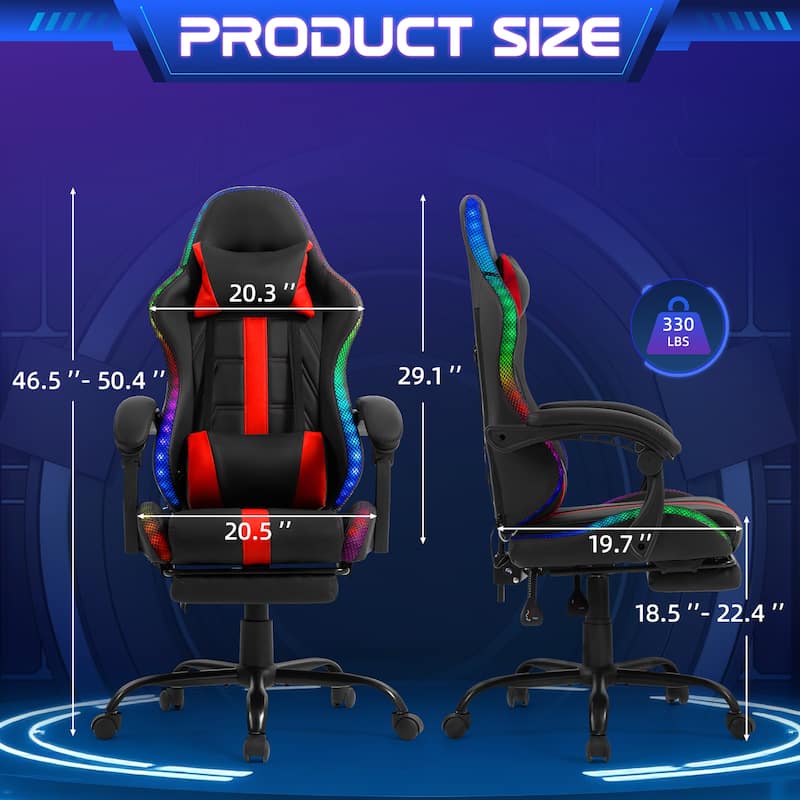 EROMMY RGB LED Gaming Chair with Thickened Massage Lumbar Pillow & Upgraded Footrest, Reclining Ergonomic Chair