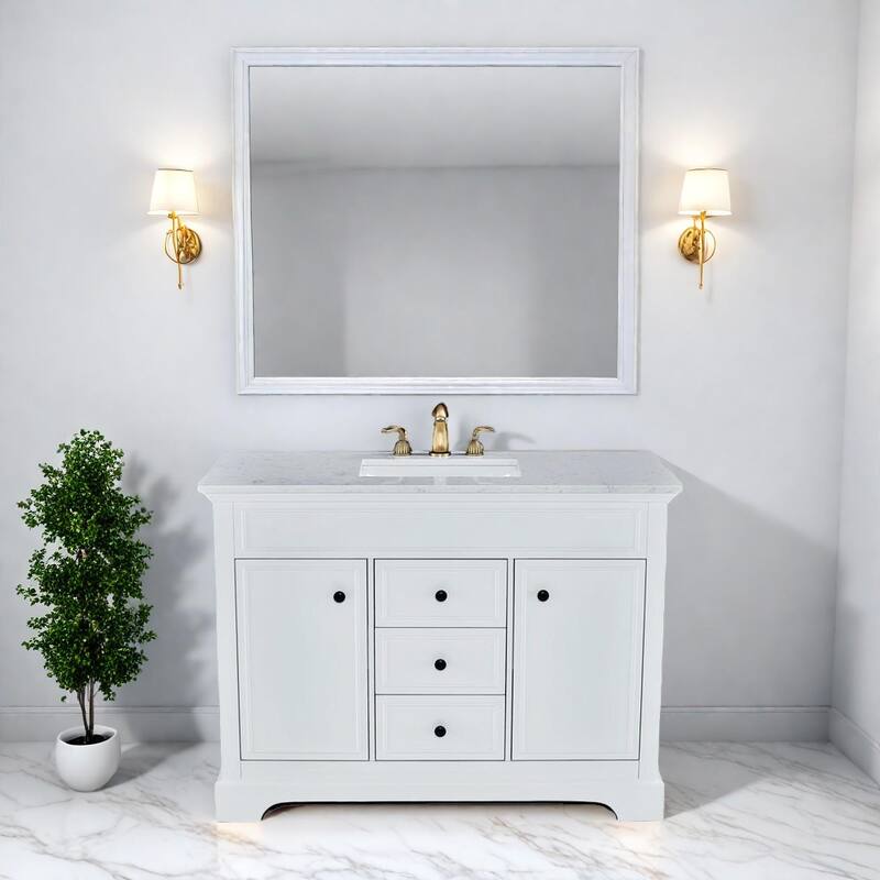 48 in. Freestanding White Bath Vanity with White Carrara Marble Top Assembled - Wood Finish - White