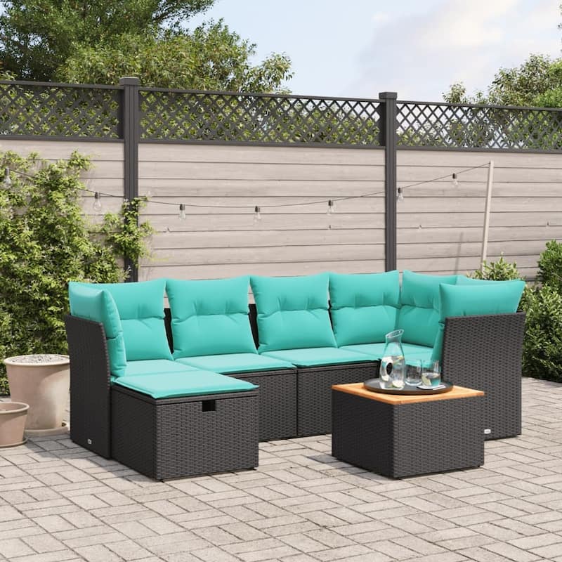 vidaXL Patio Sofa Set with Cushions Outdoor Furniture 7 Piece Poly Rattan - Black without storage - 24.4" x 24.4" x 27.2"