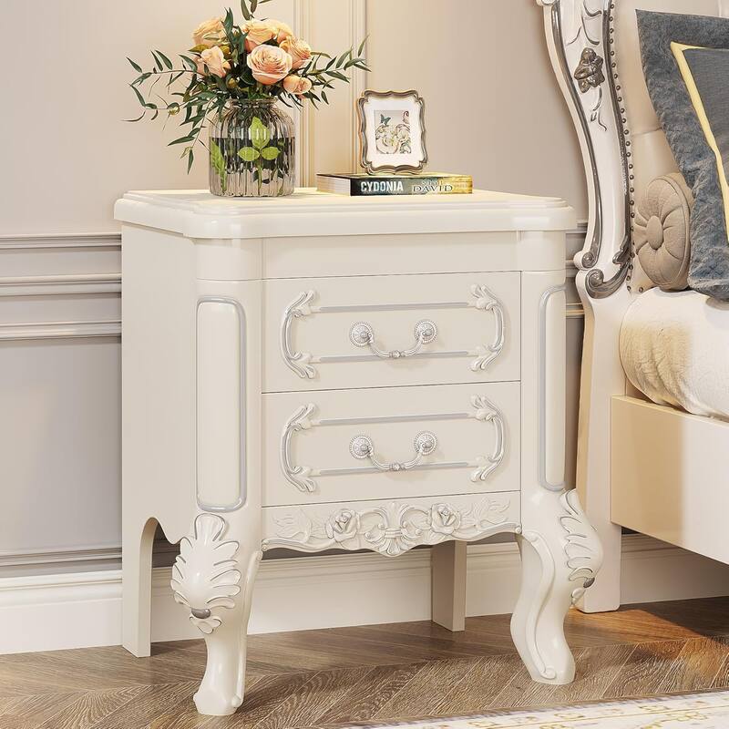 White Nightstand with Drawers - 20"Classic Carved End Table, 2-Drawer Bedside Table for Bedroom, Elegant Wood Side Table - White