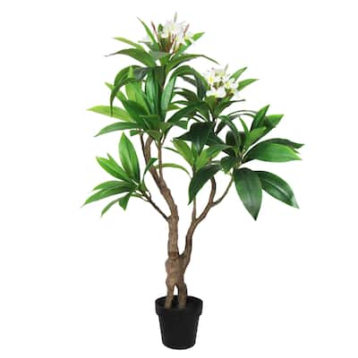 4ft Cream Artificial Plumeria Flower Tree Tropical Plant in Black Pot - 48" H x 36" W x 27" DP