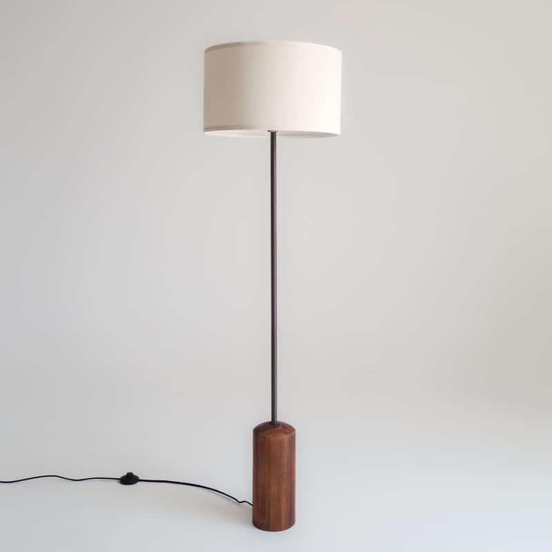 Brightech Oren LED Walnut Brown Wood Midcentury Super Bright Floor Lamp with Cream Cotton Drum Shade