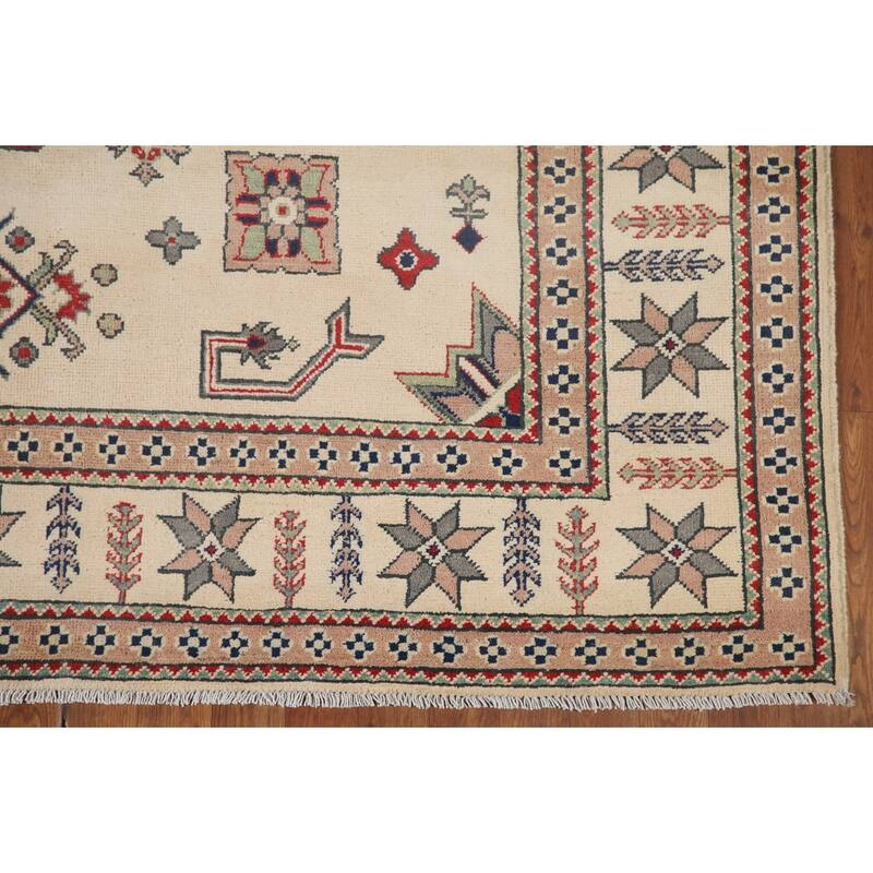 Hand Knotted Oriental 100% Wool Carpet Traditional Geometric Beige & Ivories Kazak Area Rug - 9' 7'' X 6' 7''