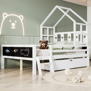 Full Size House Bed with Ladder and Storage Drawers for Kid Bedroom,Solid Wood Platfrom Bedframe with 2 Blackboard Design