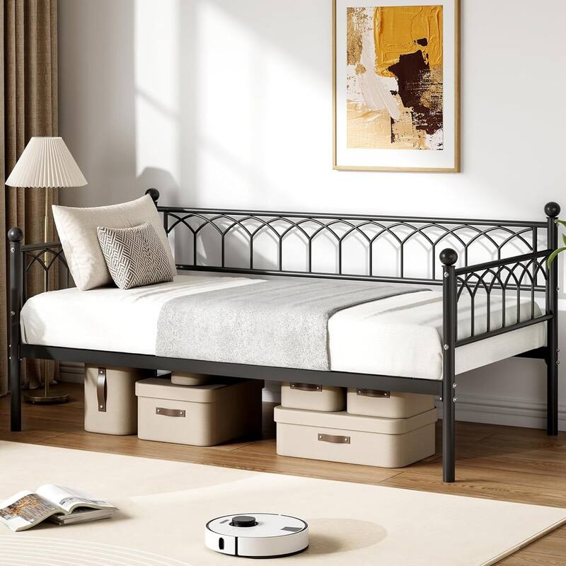 Twin Size Daybed, Metal Sofa Bed Frame with Trundle for Living Room, Small Spaces - Black