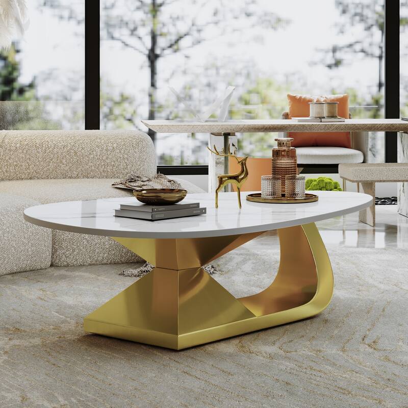 Modern Coffee Table Fish Belly White Marble Coffee Table Stainless Steel Base and Adjustable Feet, for Living Room