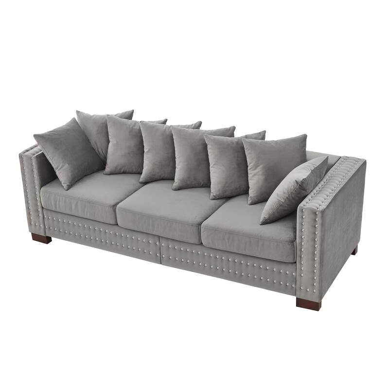 Modern Design Upholstered Velvet Grey Sofa with Silver Nails Decoration and Storage
