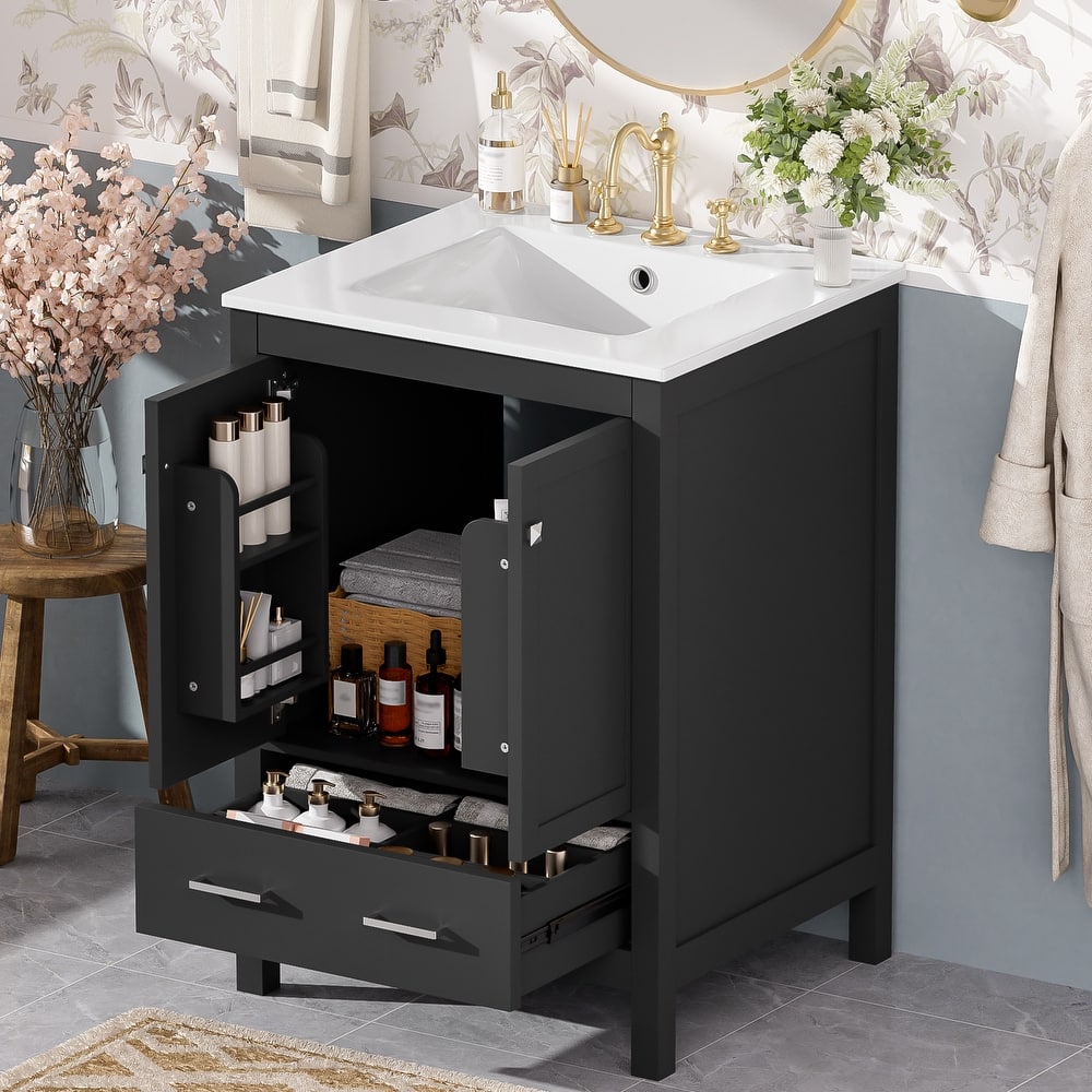 24-inch bathroom vanity with integrated undermount basin and a storage cabinet featuring 2 doors and 1 drawer.