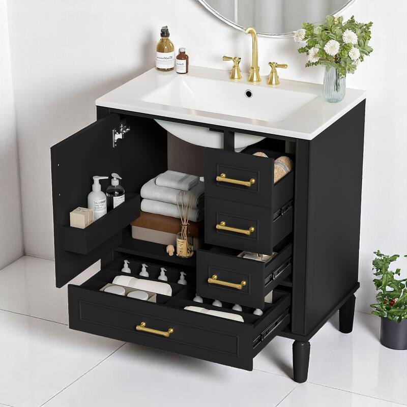 30" Bathroom Vanity with Sink, Freestanding Storage Cabinet with 3 Drawers, Soft-Close Door, Ceramic Basin,Bathroom Cabinet
