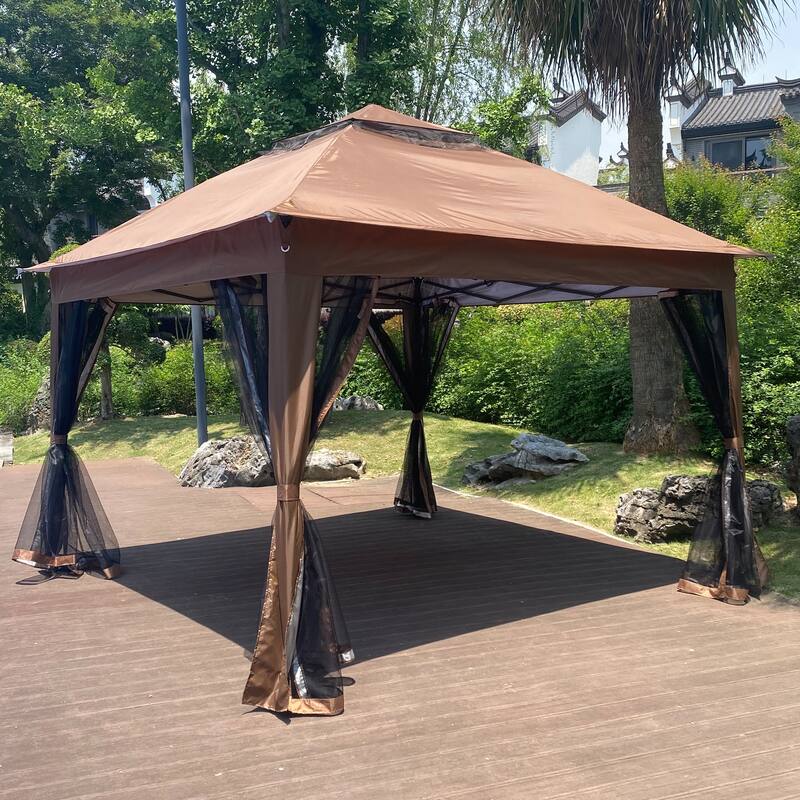 Outdoor 11x 11Ft Pop Up Gazebo Canopy With Removable Zipper Netting, 2-Tier Soft Top Event Tent For Patio with 4 Sandbags