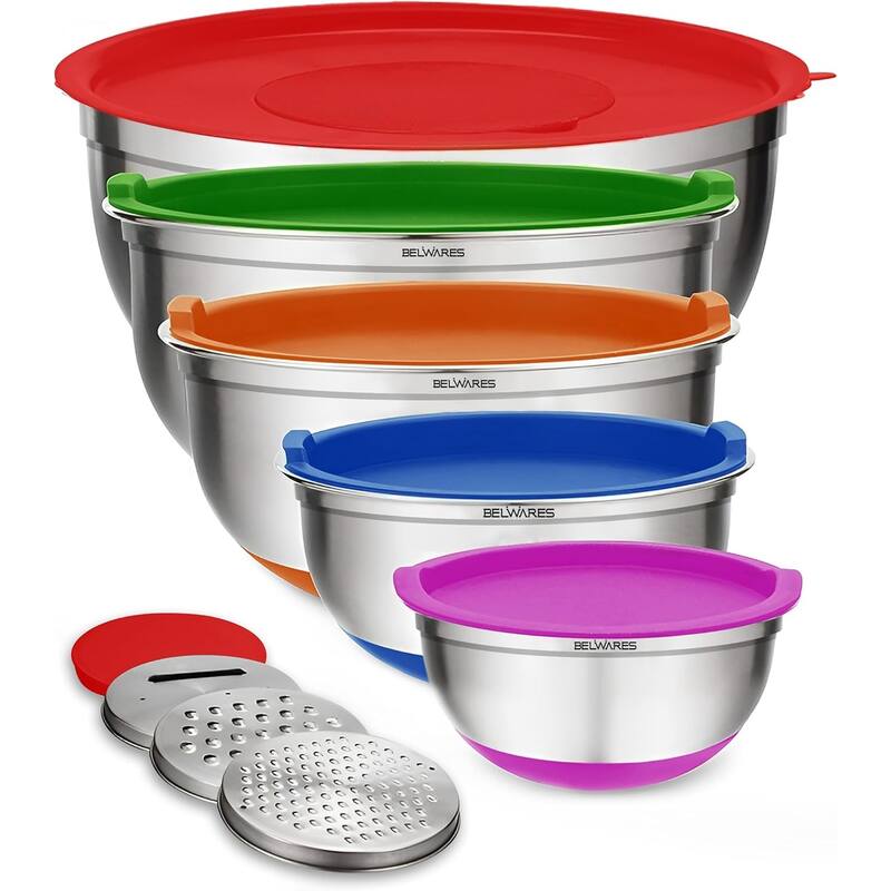 Belwares 5-Piece Stainless Steel Mixing Bowls with Airtight Lids and Graters - Non-Slip Nesting Bowls Set