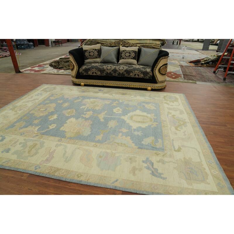 Handmade Wool Oushak Turkish Area Rug, Floral Geometric Carpet - 11' 11'' X 9' 1''