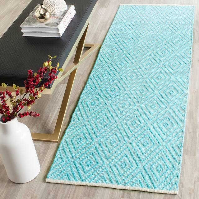 SAFAVIEH Handmade Flatweave Montauk Shkurte Cotton Rug - 2'3" x 9' Runner - Turquoise/Ivory